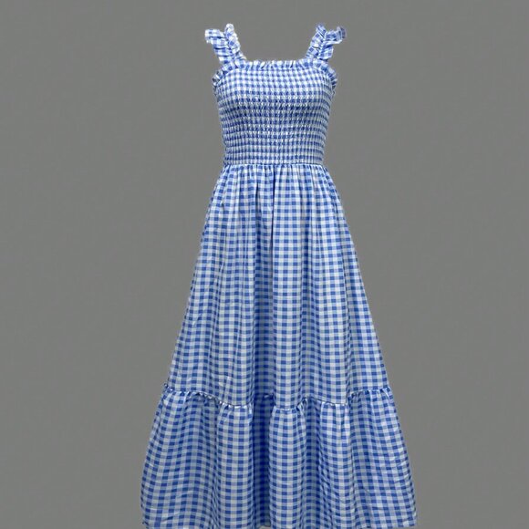 Multicolor Boho Women's Elegant Vacation Plaid Dress With Ruffled Straps - Picture 5 of 5